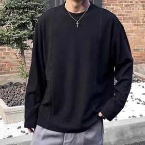 Herr t skjortor avslappnad fast färg rib t-shirts för män fall mode lös långärmad o nacke pullover streetwear män kläd fritid skjorta