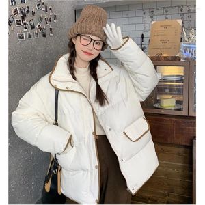 Women's Trench Coats Winter Korean Version Of Contrasting Color Edging Stand-collar Warm Cotton Jacket Mid-length Niche