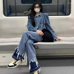 Kvinnors jeans personlighet gata kvinnor kontrast färg lapptäcke byxor denim rak bred ben lösa byxor mopp baggy