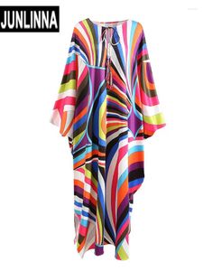 Casual Dresses Junlinna Loose Robe Autumn Women Colorful Striped Printing Fashion Batwing Sleeve Party Vestidos