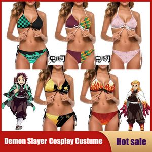Cosplay anime demon slayer cosplay costumes sexig bikini sommar tjej roll-play set bh tie side g-sträng thong triangel strand baddräkt