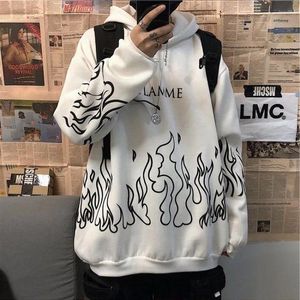 Erkek Hoodies Sonbahar ve Kış Koreli Harajuku BF Style Street Hip-Hop Retro Alev Baskı Gevşek Kapüşonlu Çift Plus Kadife Kazak Trendi