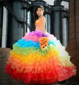 Raninbow Organza Tiered Quinceanera Dresses Sweetheart Neck Sleeveless Corset Prom Ball Gown Special Occasion Dress for 15 16 Girls Party