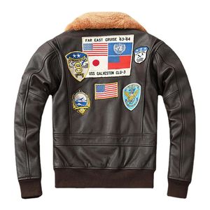 Couro dos homens falso bordado bombardeiro g1 jaqueta de vôo casaco de couro dos homens da força aérea roupas de inverno aviaçãocoats gola de pele real mxl 231020
