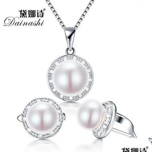 Bracciale Orecchini Collana Dainashi Set di gioielli con perle d'acqua dolce reali con pendente a scorrimento e orecchino a cerchio in argento 925 per le donne1 Dh8Xz