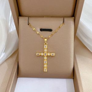 Pendant Necklaces Christian CZ Jesus Cross Necklace For Women Men Stainless Steel Chains Religion Pendants Choker Jewelry Prayer Gift