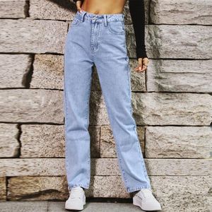 Kvinnors jeans mode casual hög midja fasta färger tvättade denim byxor fritid baggy rak ben långa byxor pantaloner#g3