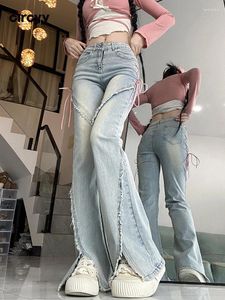 Dżinsy dżinsowe Pants Kobiety wysoko w pasie 2023 Jesien Button koronki w górę szczelinowej nogi vintage pełna długość strej streetwear