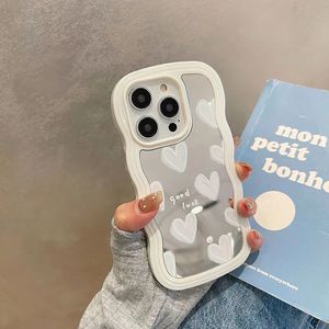 Cell Phone Cases Korean cute white heart-shaped makeup mirror box iPhone 14 15 Pro Max 13 11 12 14 Plus XS X XR shockproof soft cover 231026