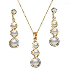 Necklace Earrings Set Spiral Charm Jewelry For Women Simulated Pearl Wedding Crystal Bridal