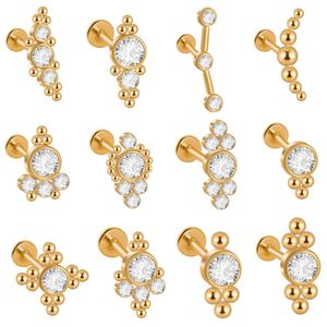 Stud 12st 316l Steel 16G Cz labret Lip Ring Gold Plated Crystal Cluster Ear Brosk Tragus Helix Lobe Earrings Piercing 231020