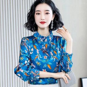 Kvinnors blusar elegant tryckt stativ krage vikar blommor kläder 2023 höst vinter överdimensionerade koreanska toppar kontor lady skjortor