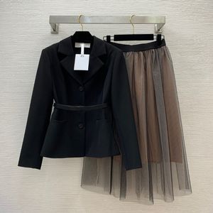 Autumn Black Solid Color Two Piece Dress Sets Long Sleeve Notched-Lapel Belted Blazers Top Tulle Panelled Mid-Calf Skirt Suits Set Two Piece Suits B3S081807