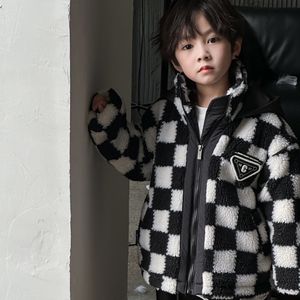 Baby Autumn and Winter Children's Coat Black and White Plaid with Cotton Hooded Coat