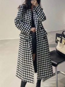 Mulheres misturas de lã moda coreana mulheres longo xadrez casaco de lã outono inverno casual solto elegante houndstooth jaqueta feminina chique vintage sobretudo 231020