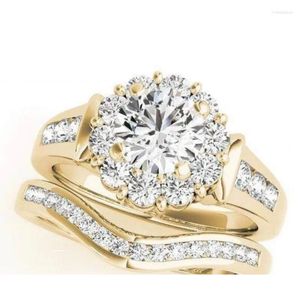 Cluster Rings Luxury Round White Stone Zircon Engagement Gold Color Set Fashion Party Anniversary Wedding for Women