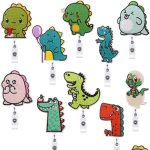 Notions Dinosaur Emboridered Retractable Badge Reels Holder With Alloy Alligator Clip Cute Cartoon Animal Id Card Decorative Name T