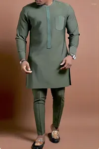 Fatos masculinos roupas 2023 estilo nacionalidade áfrica pulôver manga longa cor sólida bolso roupas calças conjunto de duas peças