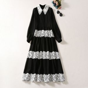 2023 Autumn Black Contrast Color Panelled Lace Dress Long Sleeve Lapel Neck Midi Casual Dresses S3O141011