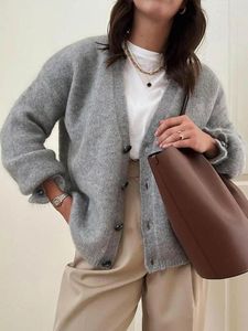 Women's Sweaters Grey Knitted V-neck Women Long Sleeve Cardigan Single Breasted Classic Cuff Button Sweater Autumn Chic Casual Bottoming