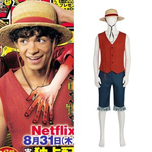 Live-action filmversion av One Piece Cos Luffy med Vest Straw Hat Cosplay Clothing Men Halloween Costume Play Tume