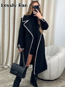 Women's Wool Blends Vintage Embroidery Woolen Coat For Women 2023 Elegant TurnDown Collar Long Overcoats Female Luxury High Street Ladies Outerwear 231020