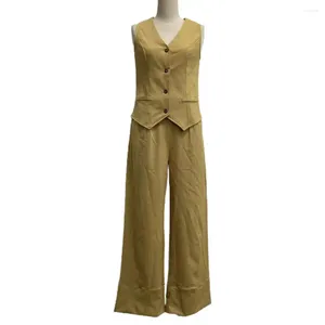 Kvinnors tvåbitar byxor Feminin 2 Suit Stylish Cotton Linen Sleeveless Vest Wide Leg Set for Office eller Casual Fashion Outfits