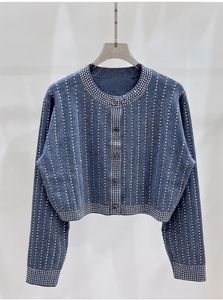 2023 autunno blu navy tinta unita cardigan maglione manica lunga girocollo strass maglioni monopetto Top WS3O21