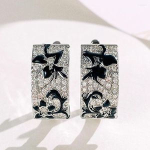 Hoop Earrings Huitan Aesthetic Black Flower For Female Luxury Cubic Zirconia Wedding Engagement Bridal Ear Jewelry Gift