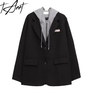 Womens Jackets Tannt Women Blazer Asymmetry Fake Two Hooded Blazers And Irregular Color Matching Winter Coat 231021