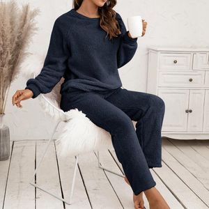 Dwuczęściowe spodnie damskie swobodne luźne pluszowe zestawy spodni jesienne zimowe spodnie o czystym kolorze długim rękawie Sweter Zestaw Zestaw zewnętrzny