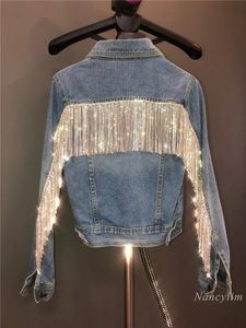 Mulheres jaquetas bling strass borla corrente curto denim jaqueta mulher magro azul lapela senhoras jean casaco chaqueta mujer 231021