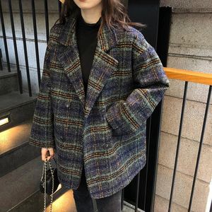 Women's Wool Blends Korean Fashion Plaid Woolen Jacket Women Autumn Winter Warm Double Breasted Outwear Female Vintage Turn Down Collar Thicken Coat 231020