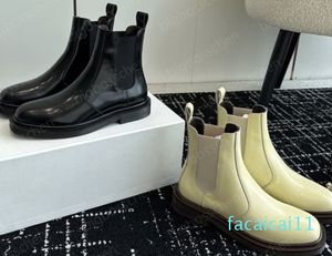 Designer-Knöchel für Mädchen, Damen, The Row, Luxus-Martin-Stiefel aus Lackleder, Outdoor, flacher Boden, elastisches Band, Ritter-Western mit Box