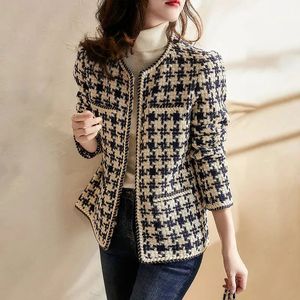 Misturas de lã feminina vintage outono xadrez tweed mulheres casaco de lã elegante tecer jaqueta coreano o pescoço manga longa escritório senhora causal cardigan outwear 231020