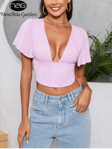 Damskie koszule Asia szyfon solidny krótkie rękawy top dla kobiet seksowne niskie cięcie Boning Slim Fit Tops Summer Fashion Party Club Club