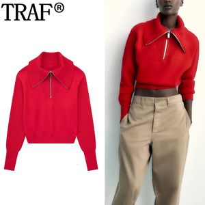 Suéteres femininos traf vermelho camisola de malha mulheres pulovers zip up gola alta cortada suéteres outono manga longa mulher camisola de malha jumpers 231020