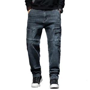 Men's Hoodies Sweatshirts Idopy Men's Cargo Jeans Fashion Multi Pockets Work Blue Loose Fit Denim Pants For Male Plus Size 231021