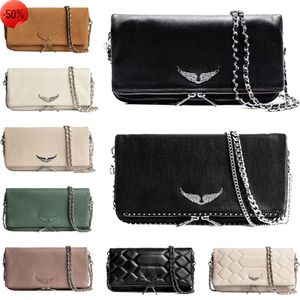 Äkta läder Zadig Voltaire Pochette Rock Swing Your Wings Womens Clutch Bags Pures Pures Tote Men Shoulder Bag toalettety Sats Cross Body Designer Square Handba