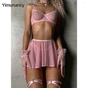 Conjuntos de sutiãs Yimunancy Malha Transparente Lingerie Mulheres 4 peças Sólida Rosa Macia Exótica Conjunto de Roupa Interior Kit de Liga