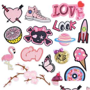 Sewing Notions Pink Butterfly Diyes Embroidery For T Shirt Iron On Appliques Clothes Jeans Stickers Badges Love Heart Drop Delivery