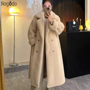 Womens Wool Blends Nagodo Winter Faux Fur Coat Women Thicken Warm MiddleLong Overcoats Femme Pockets Soft Mink Padded Jacket Outwear Abrigos 231021