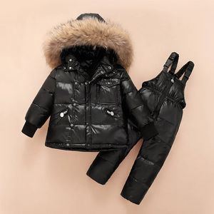 Down Coat Olekid vinterbarn Kläder Sätt riktig päls nedjacka för flickor pojkar parka overaller snöar 1-5 år barn jumpsuit rock 231020