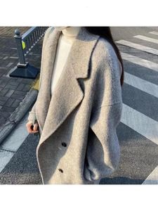 Misto lana da donna inverno stile coreano doppio petto di seta coniglio cappotto lungo di lana cappotto da donna allentato fatto a mano rosa grigio 231020