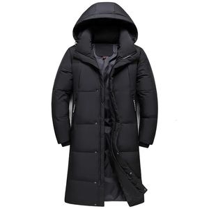 メンズベスト2023到着冬のジャケットメンズオーバーコートファッションは、フード付きブラックロングパーカー231020のために温かい90個の白いアヒルのコートを厚くします