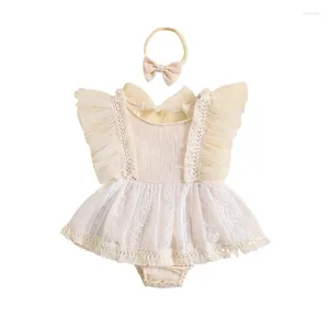 Rompers Infant Born Babhirgher Romper Dress Flowerery Butterfly Wings Sleeve Jumpsuits Summer Bodysuits With Bow Headband