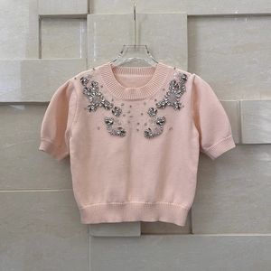 2023 outono rosa cor sólida manga curta em torno do pescoço de malha strass estilo pulôver blusas topos ws3o21