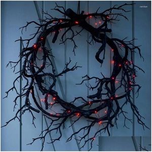 Ghirlande di fiori decorativi Fiori decorativi Halloween Ramo morto Corona Nero Led Emation Luce Albero Fantasma Festival Porta di casa Vinci Dhvlp