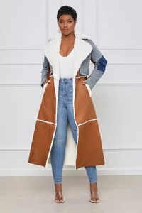 Giacca da donna in misto lana 2023 Colletto con risvolto invernale Temperamento Patchwork Denim Allacciatura Vita Manica lunga Soprabito Cappotto di lana Donna 231020