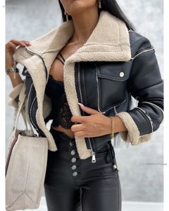 Kvinnors ull blandar faux läderjacka pu kort tjock varm svart utkläder kvinnlig retro lapel sammet kappa år vinter toppar 231020
